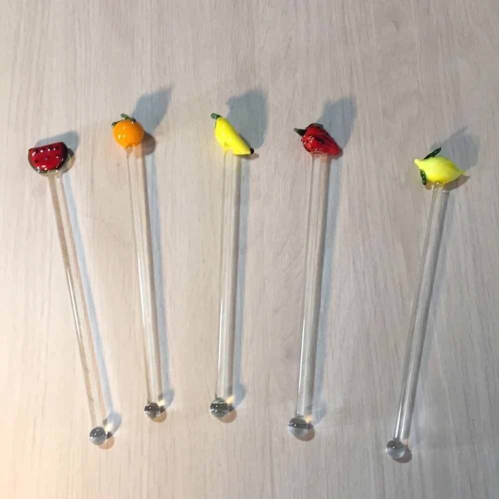 Set of 5 Hand Blown Glass Fruit Theme Swizzle Sticks for Home Bar Tropical Drink